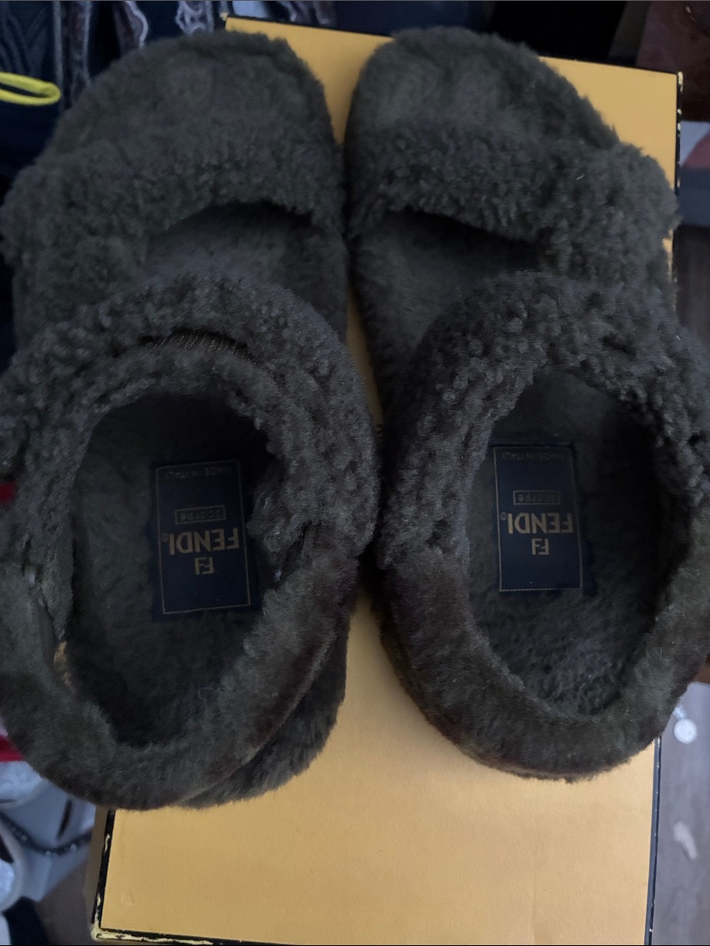 Fendi Olive Shearling Double-Strap Slide Sandals